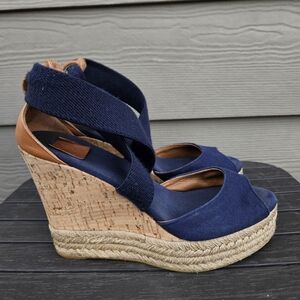 Tory Burch Natanya Wedge Espadrille Sandals Navy Blue Peep Toe Women's Size 7.5